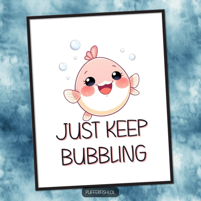Funny pufferfish bubble digital art print of a small, gleeful pufferfish swimming upwards with energetic bubbles, ready to bring joy.