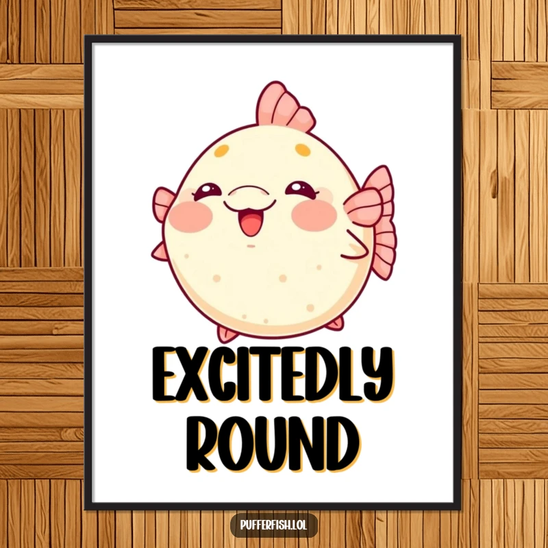 Funny kawaii pufferfish digital art print blushing and puffing up excitedly with adorable charm.