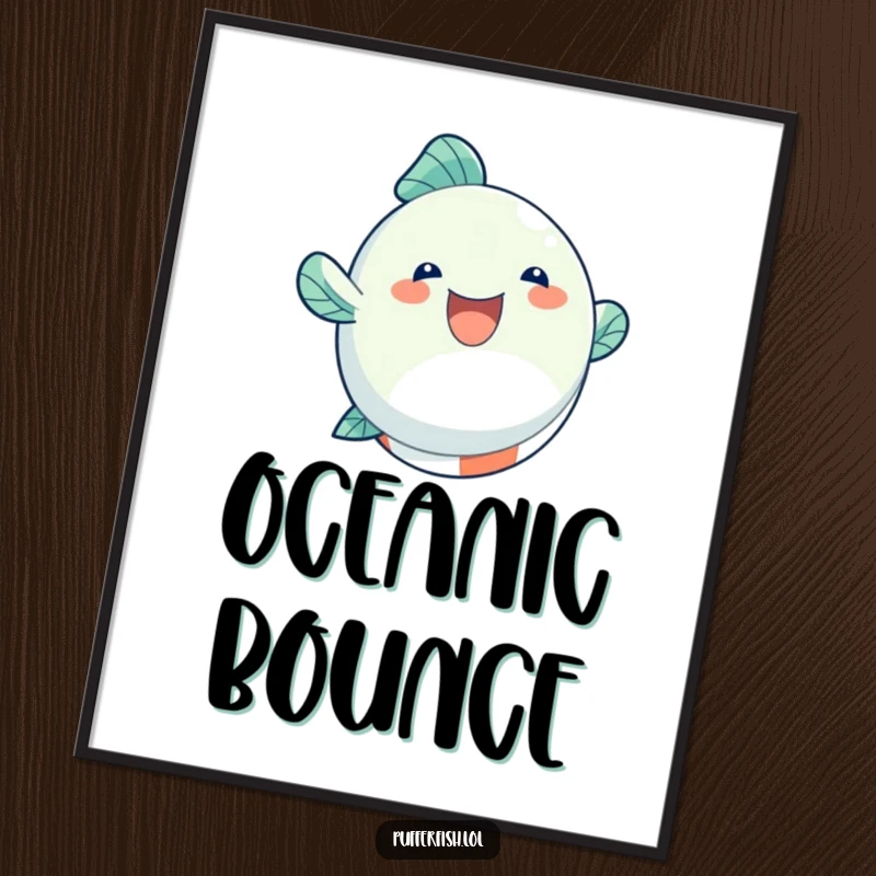 Funny Digital Art Print: a round, inflated fish character joyfully bouncing on a beach ball, full of summer fun.