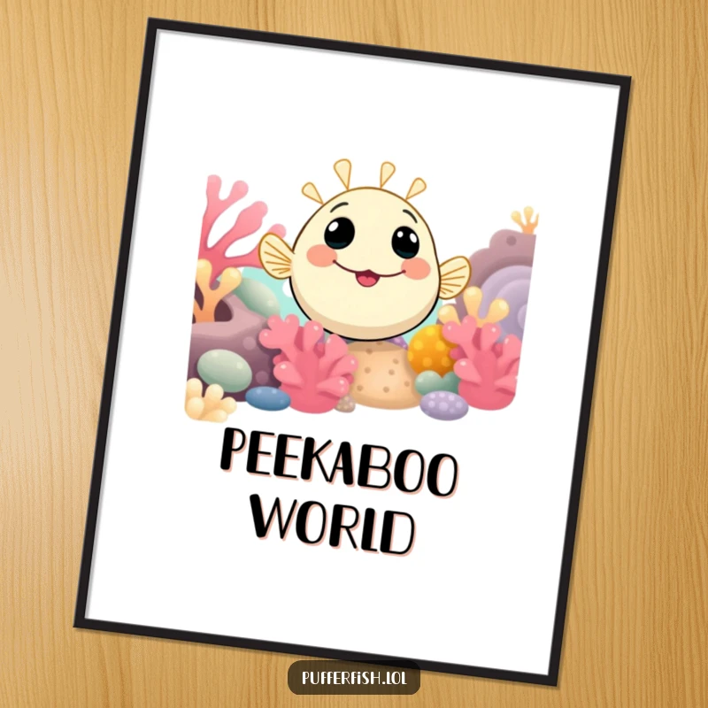 Funny Digital Pufferfish Art Print featuring a smiling pufferfish curiously peeking from a coral reef, ready to add charm to any display.