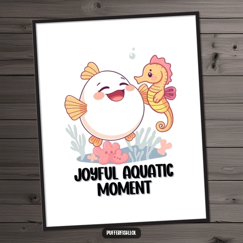 Funny digital art print of a cute pufferfish giggling uncontrollably from a seahorse's tickles, ideal for instant, humorous decor.