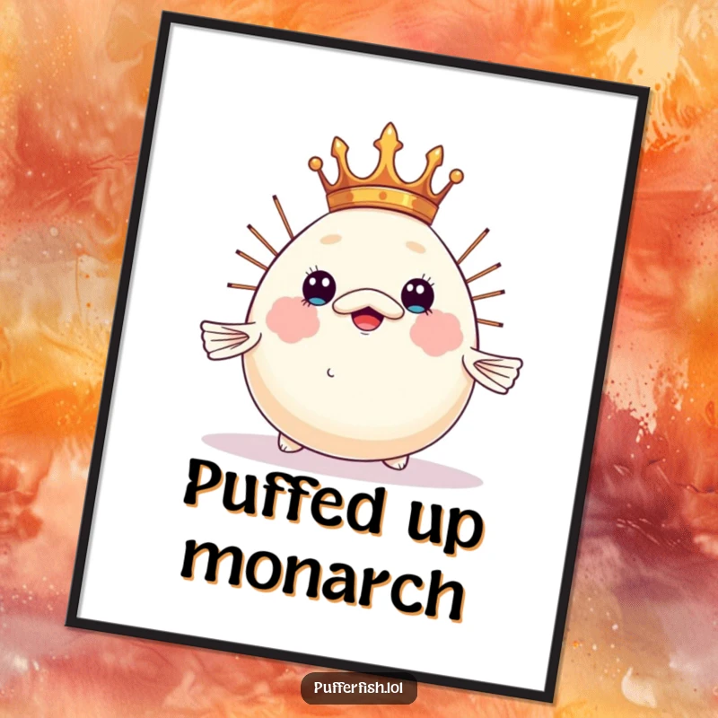 Funny pufferfish digital art print, humorously balancing a tiny crown on its inflated head, bringing regal and funny vibes. A funny gift.