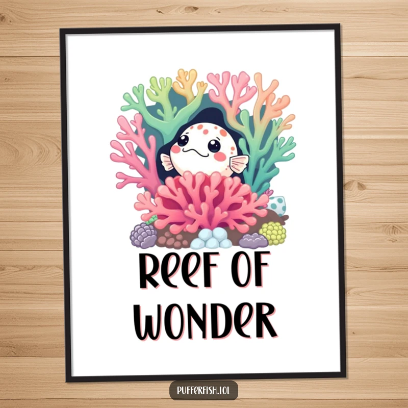 Funny Curious Pufferfish Digital Art: Printable art of a pufferfish curiously peeking from a colorful coral reef, designed to bring immediate humorous delight.