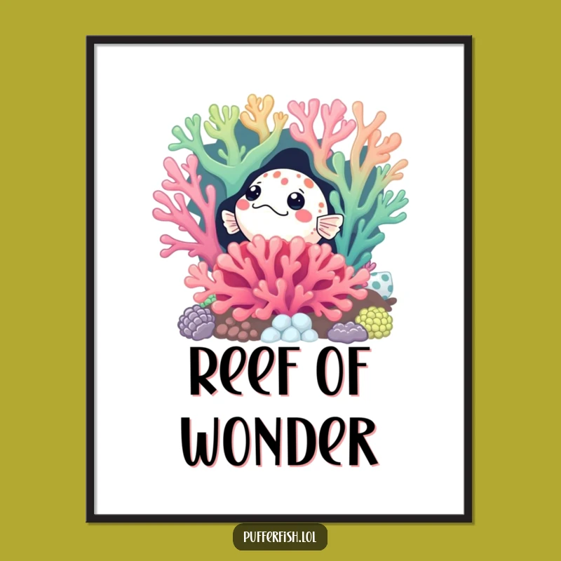 Funny Curious Pufferfish Coral Digital Art: Instant Underwater Mystery