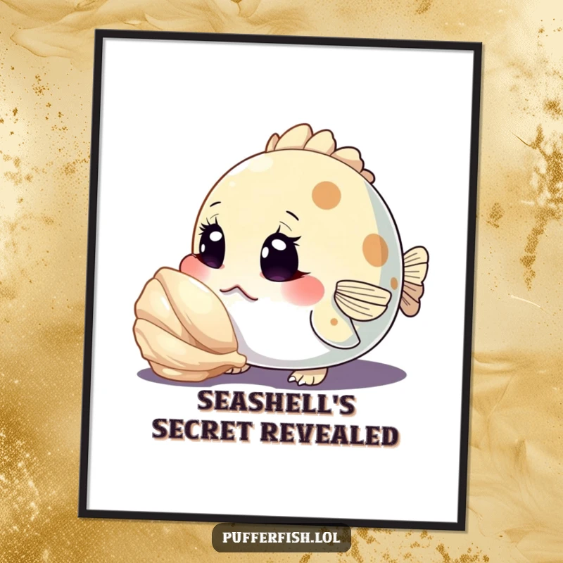 Funny digital art print of a curious pufferfish character inspecting a shiny seashell with wide eyes, instant humorous wall decor.
