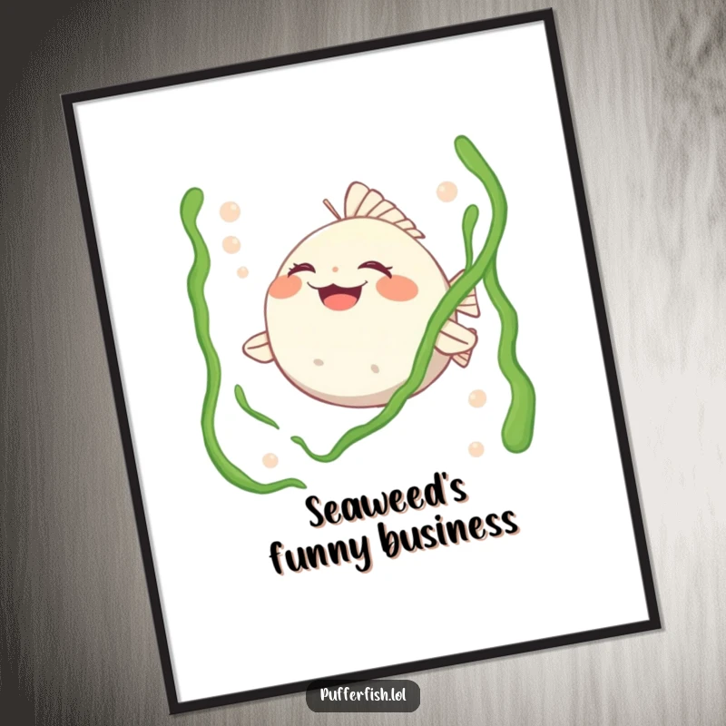 Funny digital art print of a pufferfish character laughing heartily while being tickled by seaweed, instant humorous wall decor.
