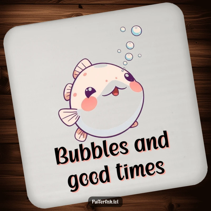 Funny Playful Pufferfish Coaster: A small coaster showcasing a pufferfish playfully blowing small bubbles upwards, adding humor to drinks.