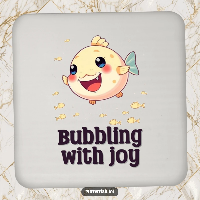 Funny Pufferfish Joy Coasters: A set of coasters featuring a happy pufferfish joyfully chasing a school of tiny, shimmering fish design.