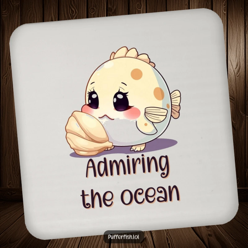 Funny drink coaster depicting a curious pufferfish character inspecting a shiny seashell with wide eyes, protecting surfaces with ocean humor.