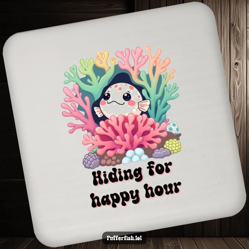 Funny Curious Pufferfish Coaster: A small coaster showcasing a pufferfish curiously peeking from a colorful coral reef, adding humor to drinks.