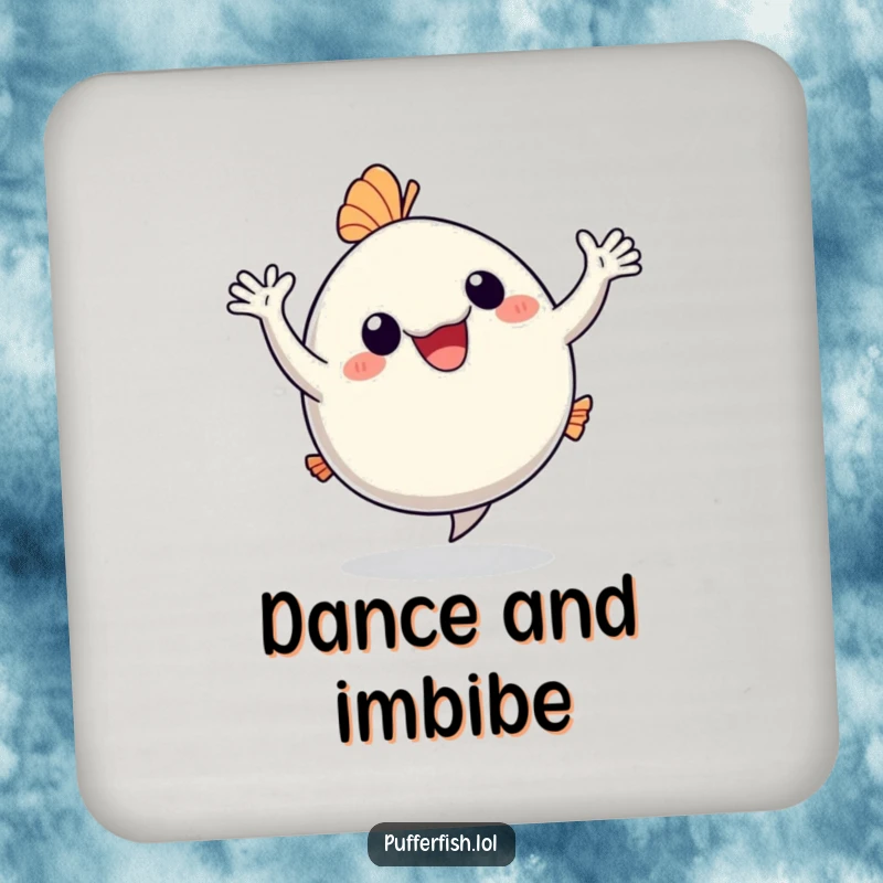 Funny Coaster: A happy pufferfish dances with arms waving, providing humorous and stylish protection for tables.