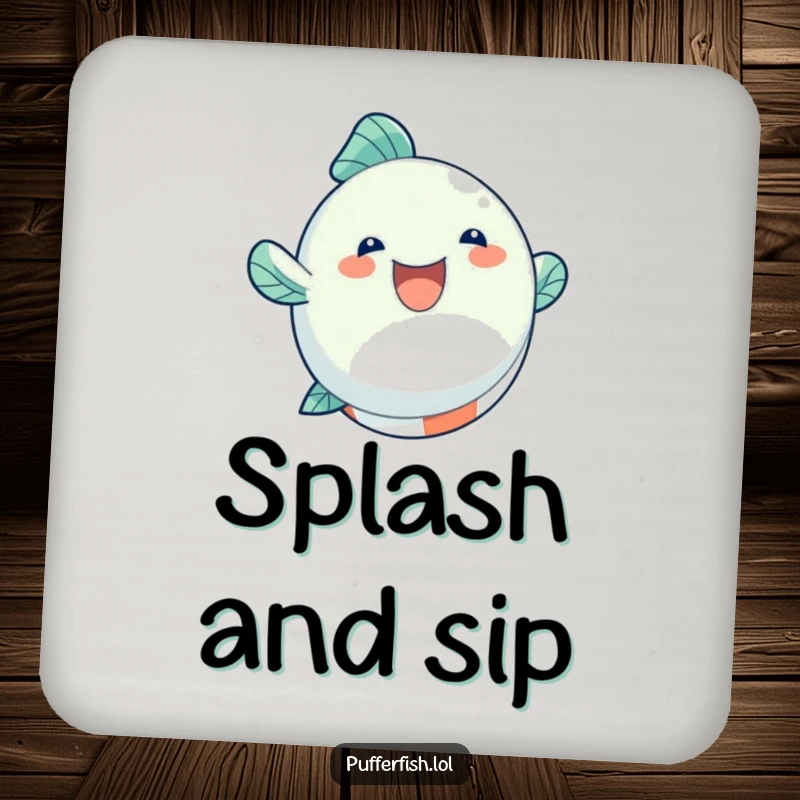 Funny Coaster showcasing a round, inflated fish character joyfully bouncing on a beach ball, adding a fun summer touch.