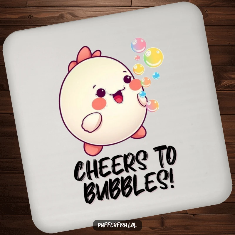 Funny Kawaii pufferfish blowing colorful, happy bubbles, featured on a charming drink coaster.