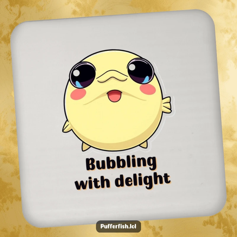 Funny drink coaster with a kawaii pufferfish character rapidly inflating with wide, joyful eyes, adding adorable charm to any surface.