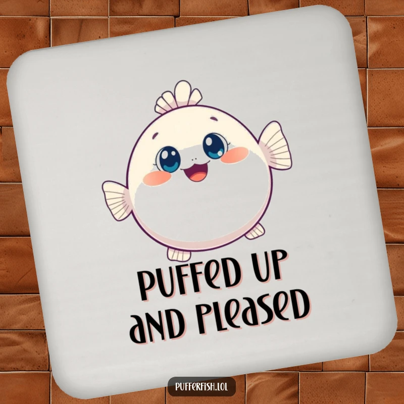 Funny drink coaster with a kawaii pufferfish joyfully inflating, offering surface protection with an adorable and humorous design.
