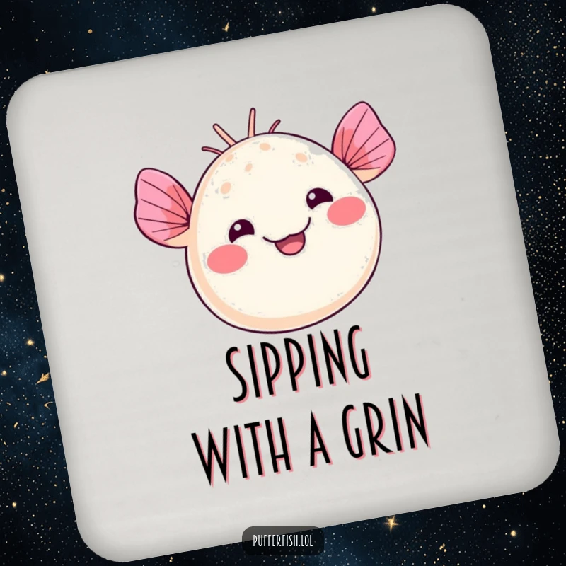 Funny kawaii pufferfish drink coasters, set featuring a cute character waving with a silly smile, protecting surfaces, a charming funny gift.