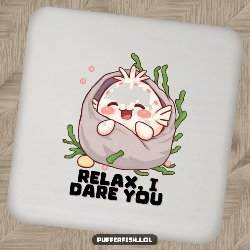 Funny Kawaii pufferfish giggling, wrapped in a soft seaweed blanket, as a charming drink coaster.