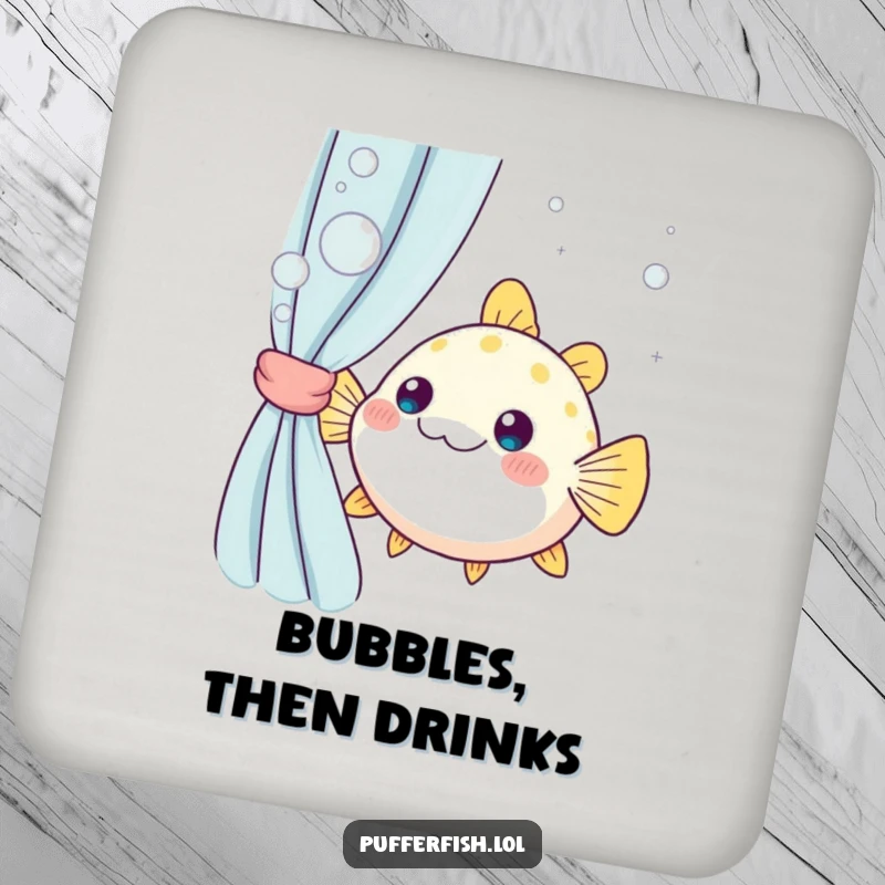 Funny kawaii pufferfish peeking from a bubbly curtain, a cute and humorous drink coaster for protecting furniture.