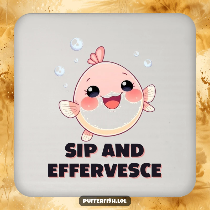 Funny pufferfish bubble drink coaster showcasing a small, gleeful pufferfish swimming upwards with playful bubbles, protecting surfaces with charm.