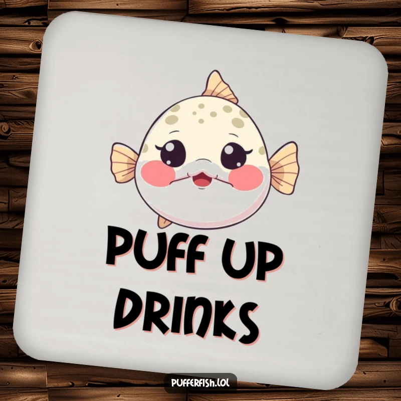 Funny Coaster with a tiny pufferfish inflating dramatically, cheeks puffed, eyes wide with playful surprise, protecting surfaces.