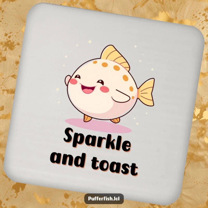 Funny drink coaster featuring a happy pufferfish dancing joyfully, surrounded by a beautiful scattering of sparkles.