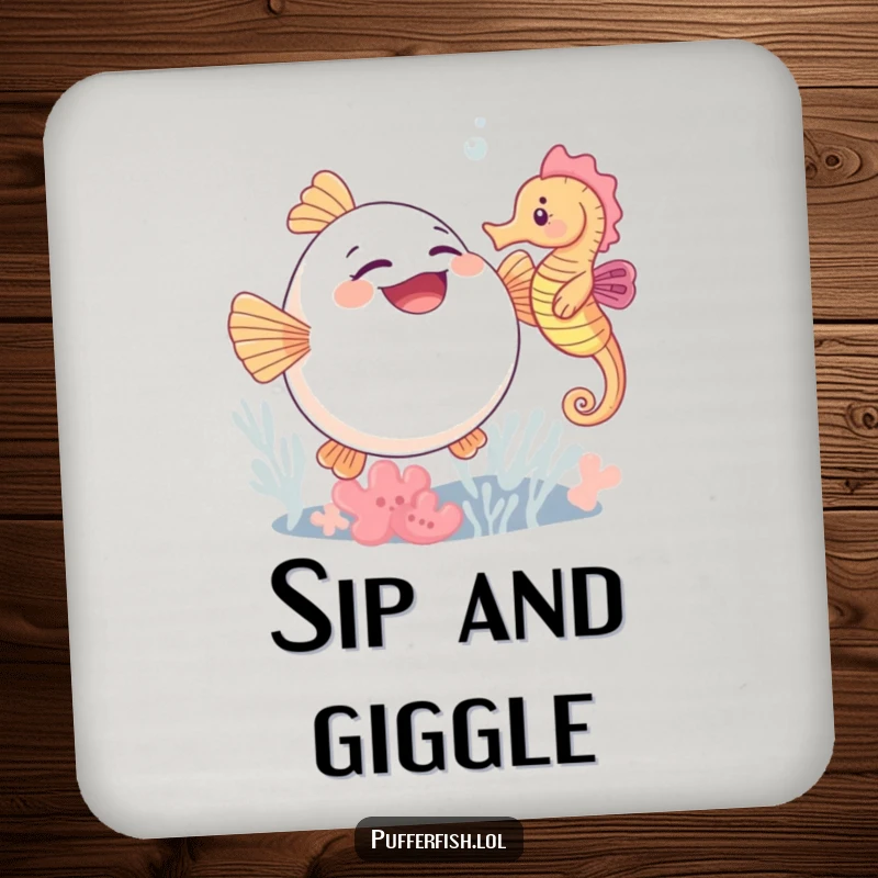 Funny drink coasters showing a cute pufferfish in fits of giggles as a seahorse tickles it, adding humor to any setting.
