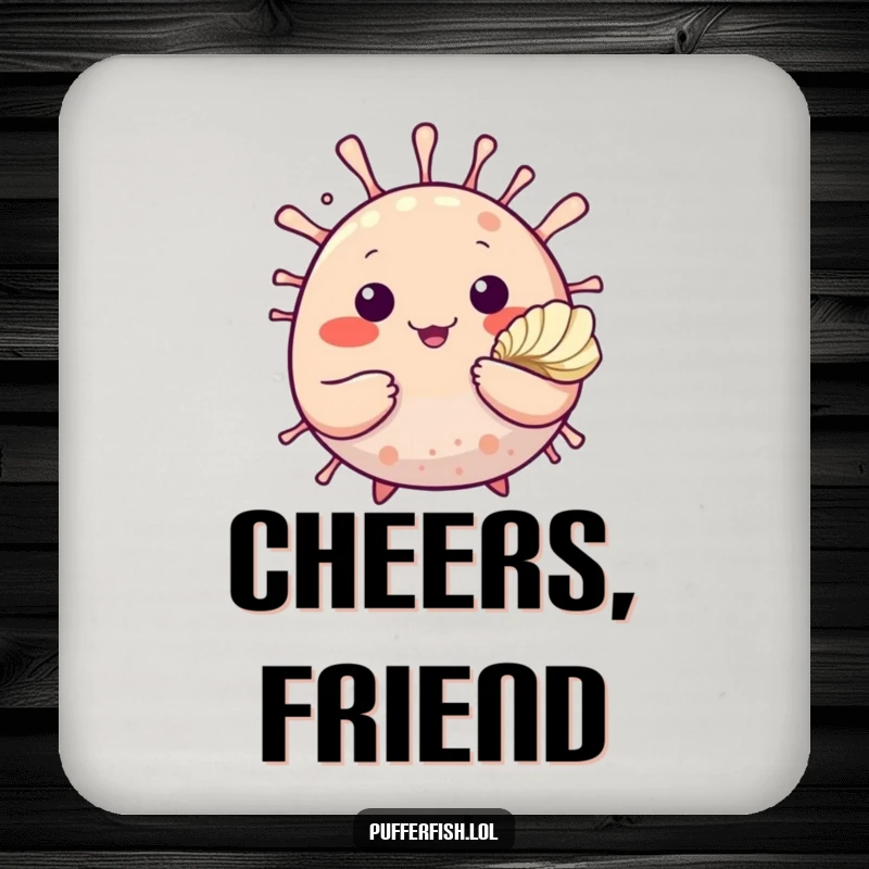 Funny drink coaster featuring a cute pufferfish waving and offering a seashell, a charming piece of seaside decor.