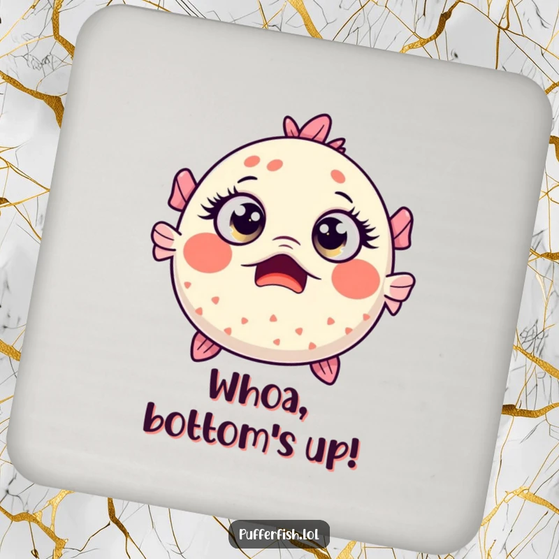 Funny Kawaii pufferfish with wide, surprised eyes, featured on a charming drink coaster.