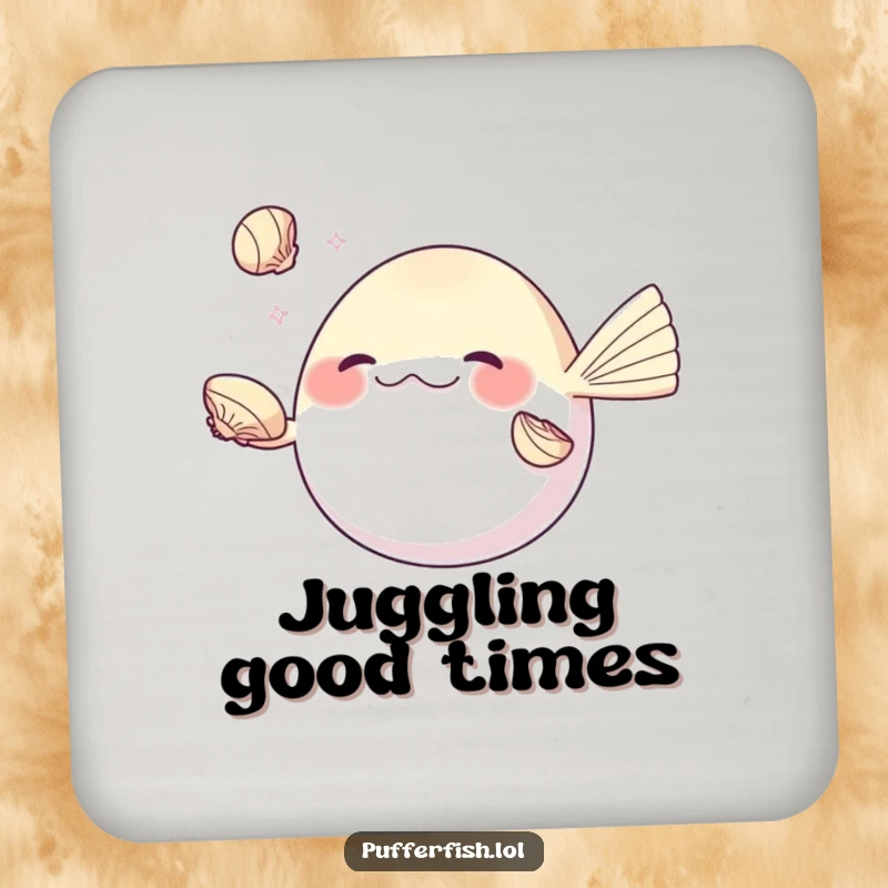 Funny pufferfish coaster, skillfully juggling shiny seashells with its fins, a humorous and talented table protector.