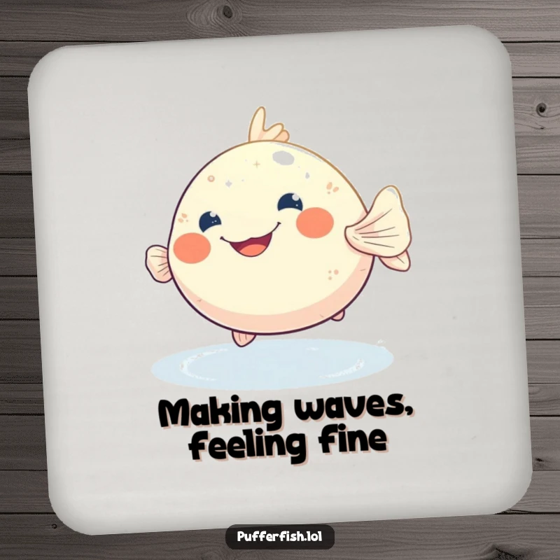 Funny pufferfish drink coasters with cheerful grins, bobbing in shimmering water, adding a humorous touch to tabletops.