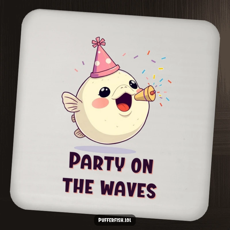 Funny drink coasters featuring an excited pufferfish in a party hat, celebrating with a confetti popper, adding festive humor.