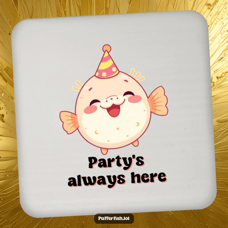 Funny drink coaster with a pufferfish character wearing a tiny party hat and giggling, offering surface protection with a festive and humorous design.