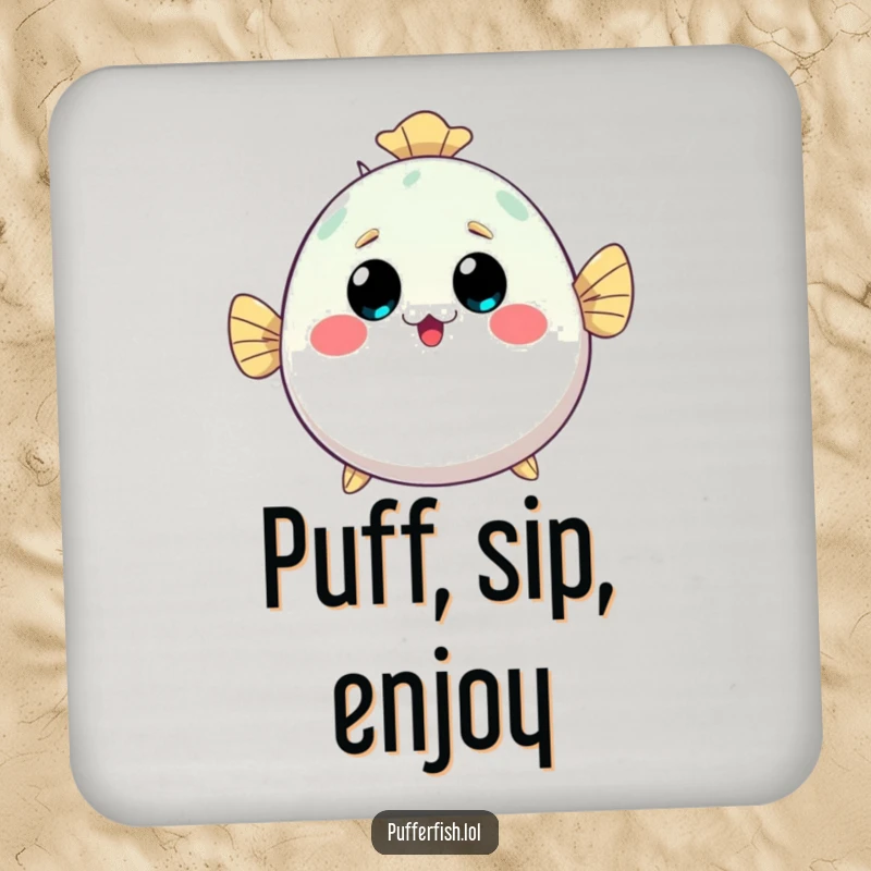 Funny kawaii pufferfish coaster, inflating with a surprised and happy expression, protecting tables with cute ocean charm.