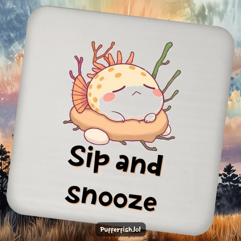 Funny Pufferfish Coasters: A content pufferfish peacefully naps on a soft bed of seaweed, protecting surfaces with calm humor.