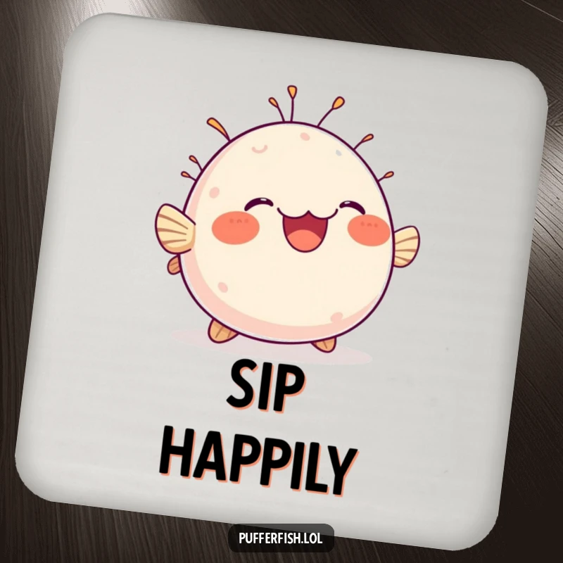 Funny drink coaster featuring a chubby pufferfish bobbing happily with a delighted expression, a fun addition to any table.