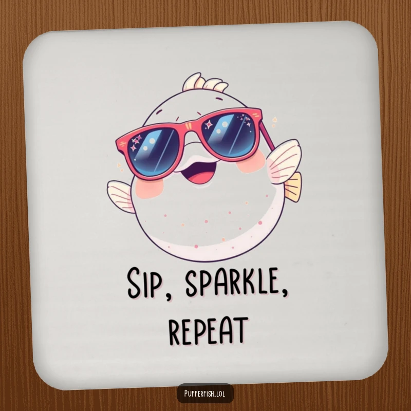 Funny drink coasters: a pufferfish giggling joyfully while wearing oversized, sparkly sunglasses, protecting surfaces with humor.