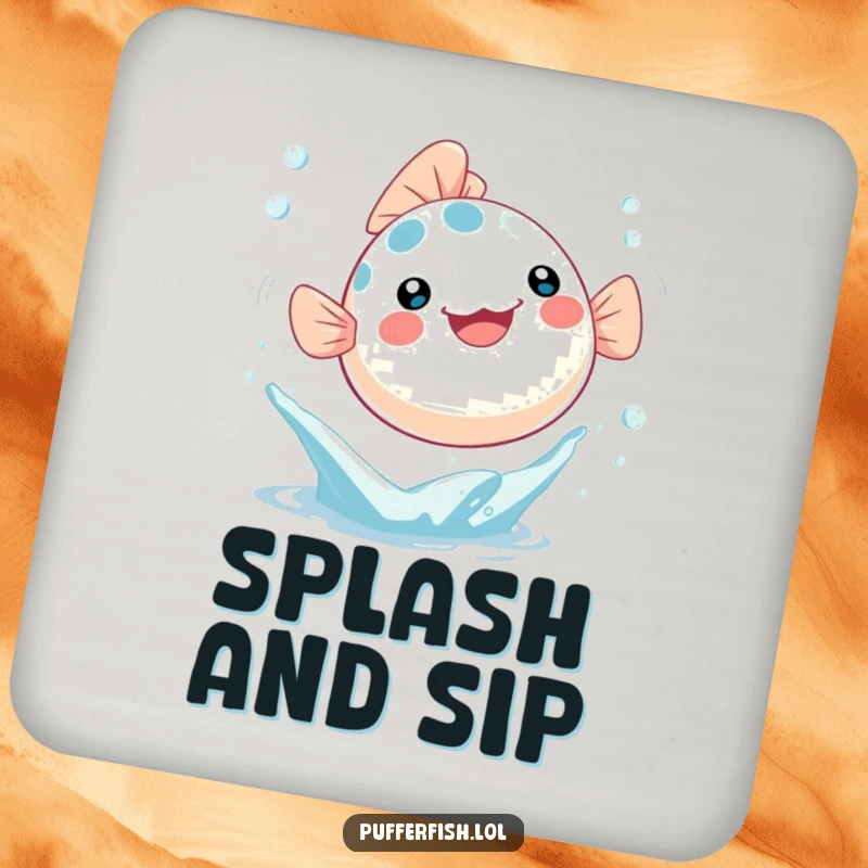 Funny Coaster with a Kawaii pufferfish joyfully leaping out of a water splash with bubbles, protecting surfaces.