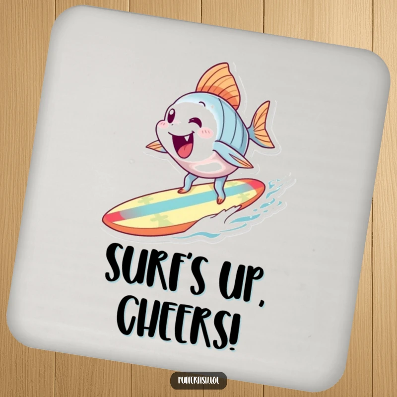 Funny Surfing Fish Drink Coaster: A protective coaster featuring an excited fish character surfing on a tiny, colorful surfboard, adding ocean fun.