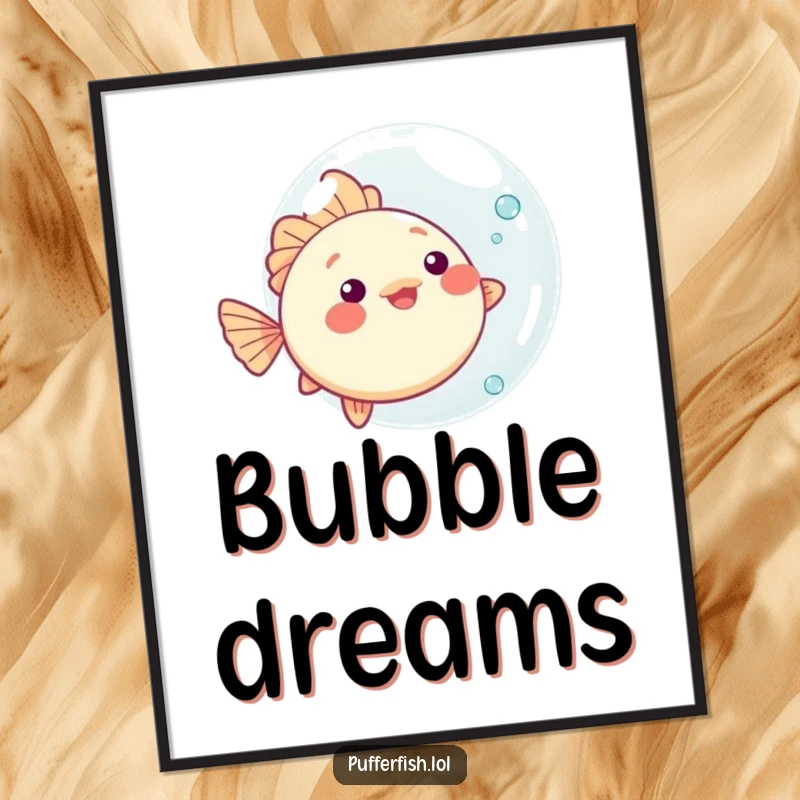 Funny kawaii pufferfish poster, playfully bouncing an oversized bubble, making for delightful and action-packed wall art.