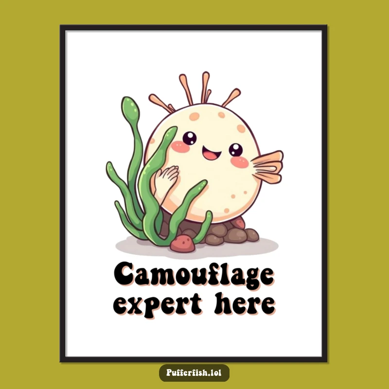 Funny Kawaii Pufferfish Poster: Playful Hide & Seek Wall Art