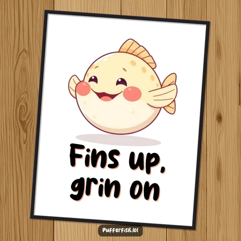 Funny pufferfish poster wiggling fins with a wide, happy grin, bringing cheerful energy to wall decor.