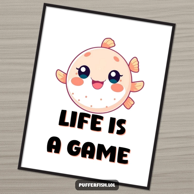 Funny poster of a round pufferfish character bouncing like a ball, creating a cheerful and energetic piece of wall art.