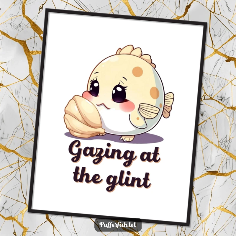 Funny poster art of a curious pufferfish character inspecting a shiny seashell with wide eyes, capturing a moment of delightful discovery.