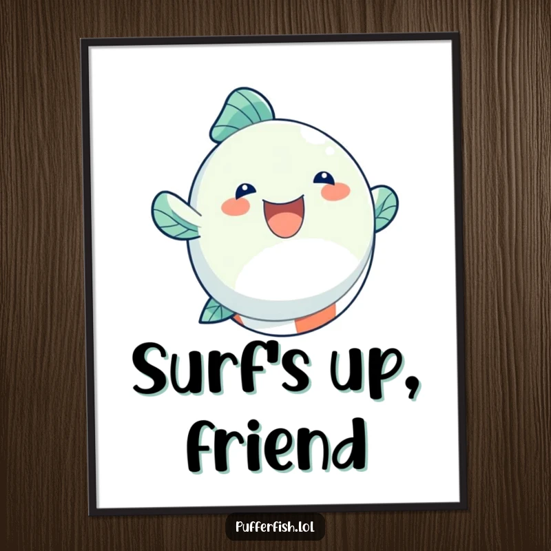 Funny Poster of a round, inflated fish character joyfully bouncing high on a colorful beach ball, embodying summer fun.