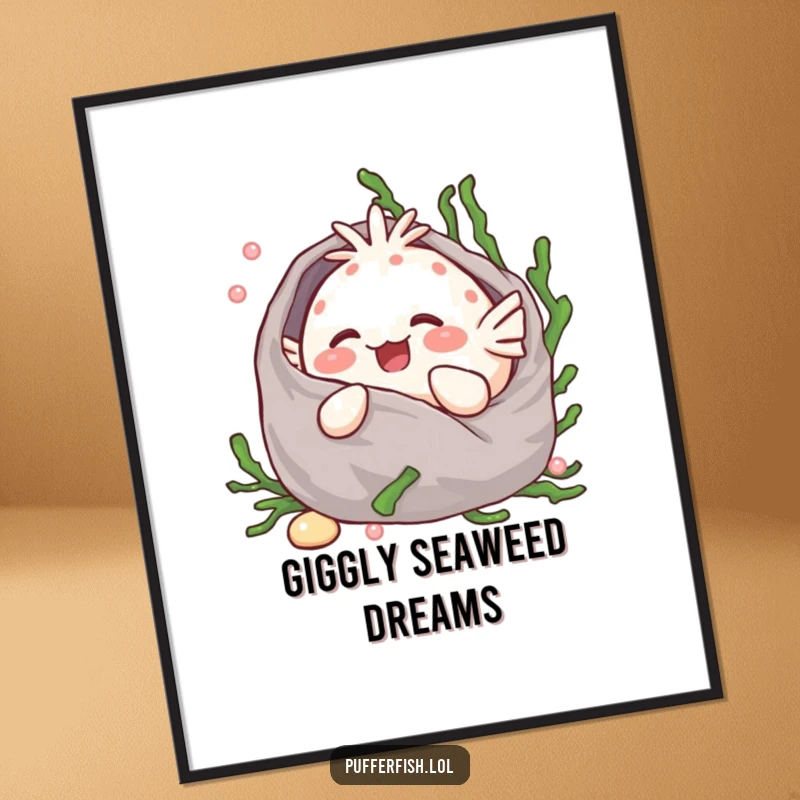 Funny Kawaii pufferfish giggling sweetly, nestled in a soft seaweed blanket, depicted as charming wall art.
