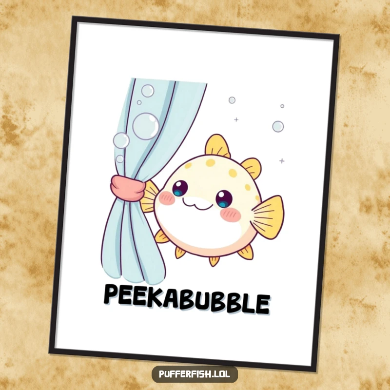 Funny kawaii pufferfish playfully peeking from behind a shimmering bubble curtain, adding humorous charm to wall decor as a gift.