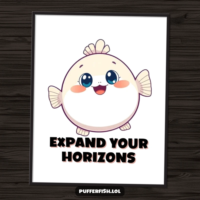 Funny poster of a kawaii pufferfish inflating with wide, curious eyes, creating a cheerful and adorably humorous piece of wall art.