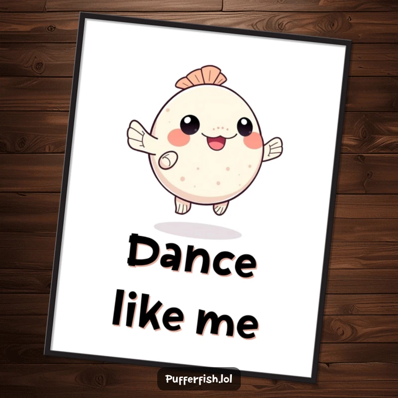 Funny kawaii pufferfish poster, happily dancing with wiggling fins, adding whimsical charm, a perfect funny gift.