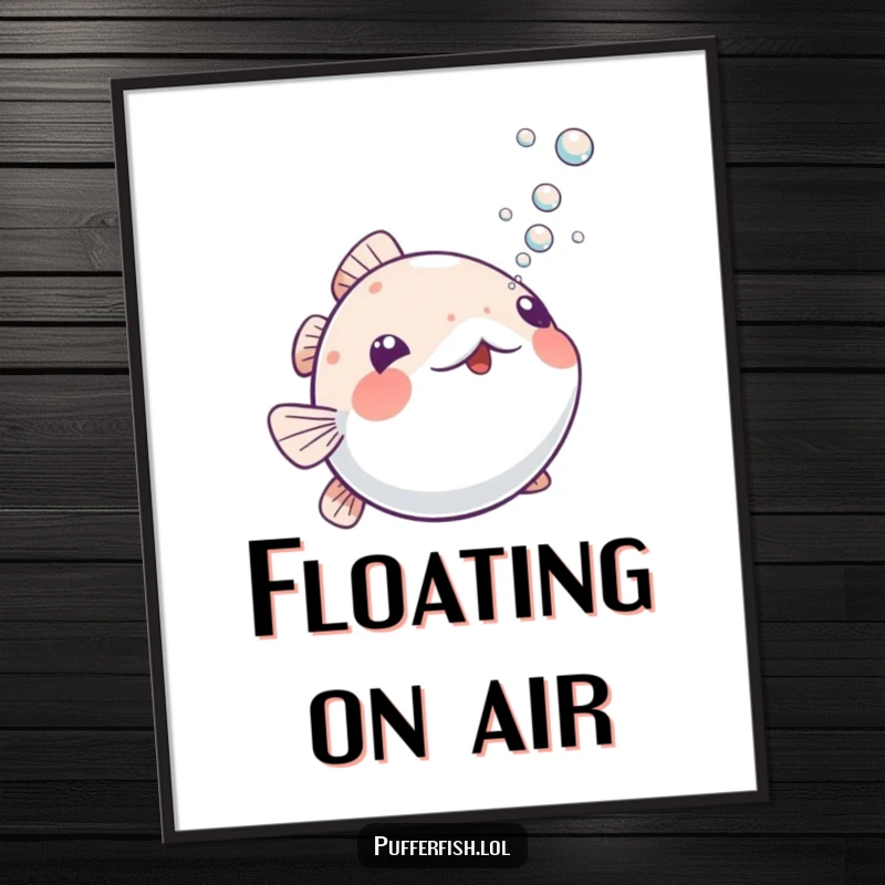 Funny Playful Pufferfish Poster: Whimsical art of a pufferfish playfully blowing small bubbles upwards, capturing underwater cheer and humor.