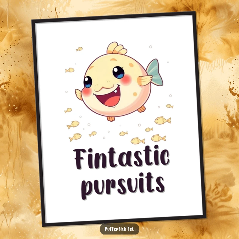 Funny Pufferfish Joy Poster: A colorful wall print depicting a happy pufferfish enthusiastically pursuing a school of tiny, shimmering fish.